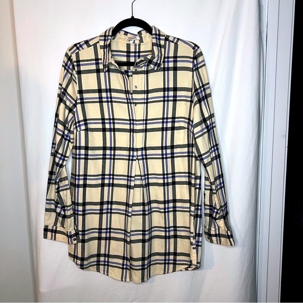 Tyler Boe Womens‎ Plaid Cotton Flannel Snap Front Tunic Shirt Cream Blue Large